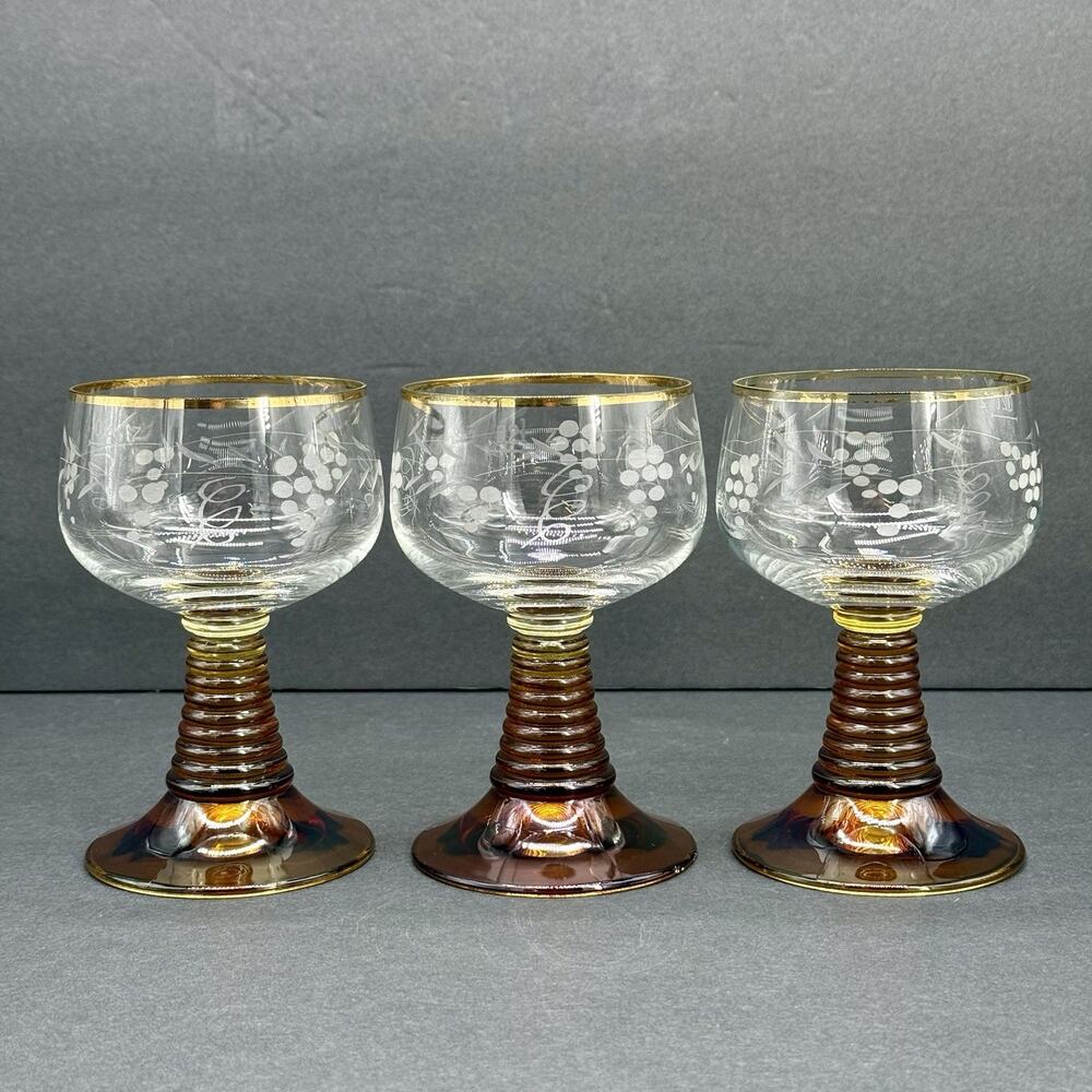 Vintage Wine Glass Amber Beehive Stem Etched Grapes Set Of 3 MCM 5.3”